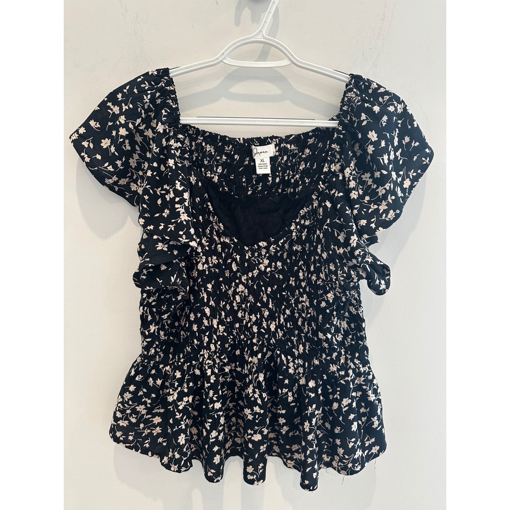 Japna Womens Black Floral Smocked Peplum Blouse Short Sleeve Square Neck XL